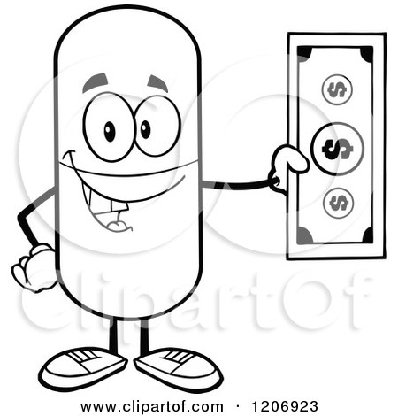 Cartoon of a Black and White Happy Pill Mascot Holding Cash - Royalty Free Vector Clipart by Hit Toon