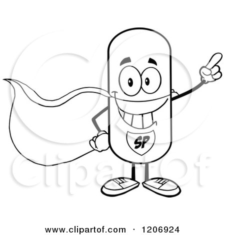 Cartoon of a Black and White Happy Pill Mascot Super Hero - Royalty Free Vector Clipart by Hit Toon