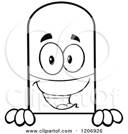 Cartoon of a Black and White Happy Pill Mascot over a Sign Edge - Royalty Free Vector Clipart by Hit Toon