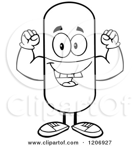 Cartoon of a Black and White Happy Pill Mascot Flexing - Royalty Free Vector Clipart by Hit Toon
