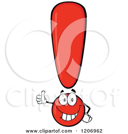 Cartoon of a Happy Red Exclamation Point Holding a Thumb up - Royalty Free Vector Clipart by Hit Toon