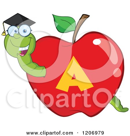 Cartoon of a Smart Worm in a Letter a School Apple - Royalty Free Vector Clipart by Hit Toon