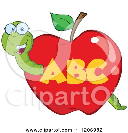 Cartoon of a Happy Worm in an Abc School Apple - Royalty Free Vector Clipart by Hit Toon