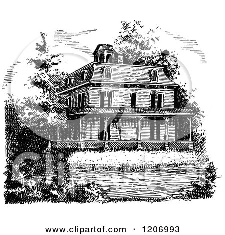Clipart of a Vintage Black and White Mansion - Royalty Free Vector Illustration by Prawny Vintage
