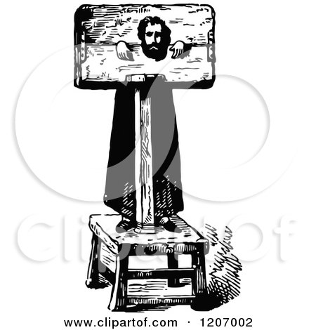 Clipart of a Vintage Black and White Pillory Man - Royalty Free Vector Illustration by Prawny Vintage