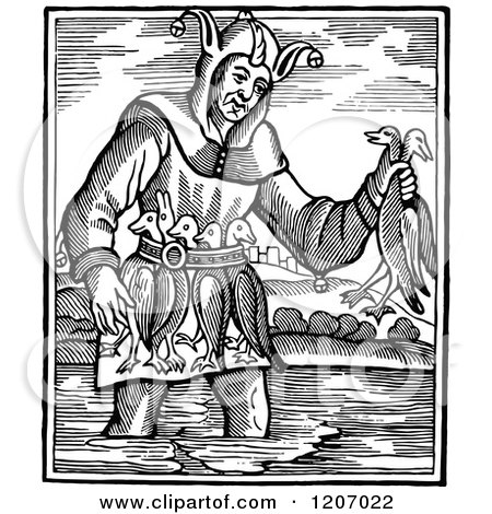 Clipart of a Vintage Black and White Wading Jester and Birds - Royalty Free Vector Illustration by Prawny Vintage