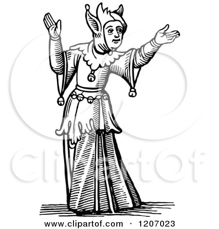 Clipart of a Vintage Black and White Presenting Jester - Royalty Free Vector Illustration by Prawny Vintage