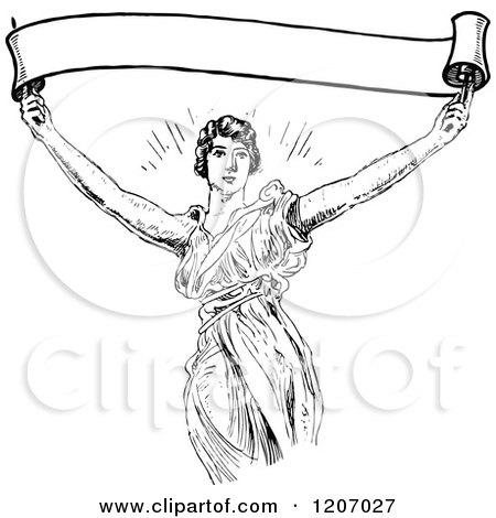 Clipart of a Vintage Black and White Woman Holding up a Banner - Royalty Free Vector Illustration by Prawny Vintage