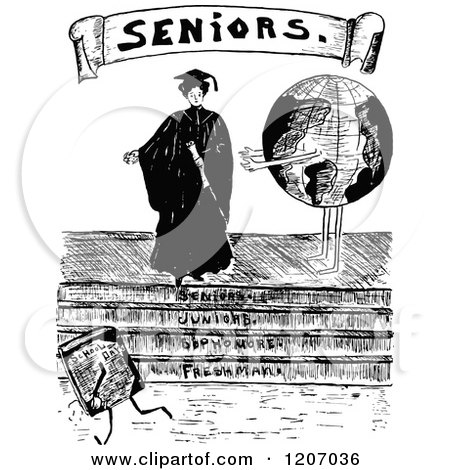 Clipart of a Vintage Black and White Senior Graduate Woman and Globe - Royalty Free Vector Illustration by Prawny Vintage