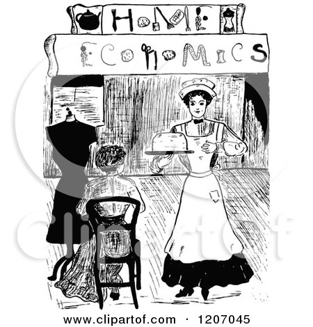 Clipart of a Vintage Black and White Maid Serving a Woman and Home Economics Text - Royalty Free Vector Illustration by Prawny Vintage