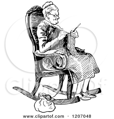 Clipart of a Vintage Black and White Old Lady Knitting - Royalty Free Vector Illustration by Prawny Vintage