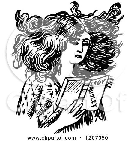 Clipart of a Vintage Black and White Lady Reading - Royalty Free Vector Illustration by Prawny Vintage