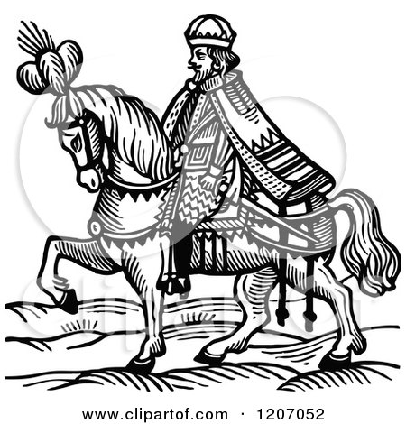 Clipart of a Vintage Black and White Horseback Man - Royalty Free Vector Illustration by Prawny Vintage