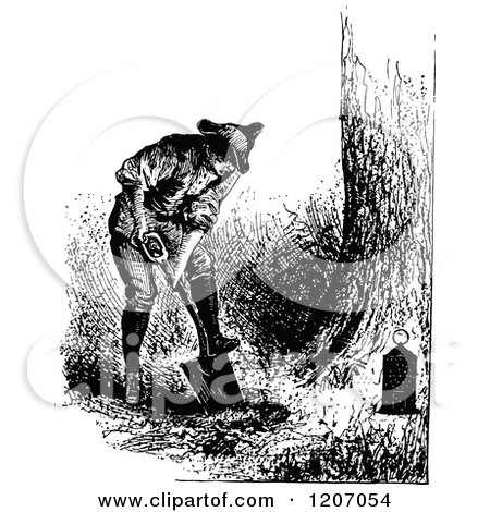 Clipart of a Vintage Black and White Man Digging for Treasure - Royalty Free Vector Illustration by Prawny Vintage