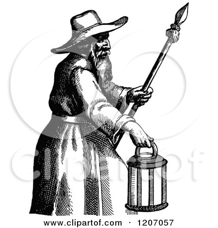 Clipart of a Vintage Black and White Man with a Spear and Lantern - Royalty Free Vector Illustration by Prawny Vintage