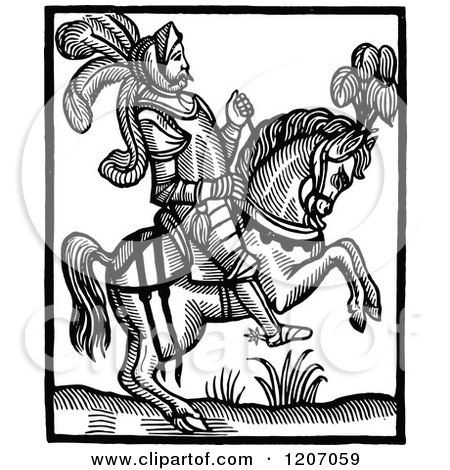 Clipart of a Vintage Black and White Horseback Knight - Royalty Free Vector Illustration by Prawny Vintage