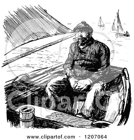 Clipart of a Vintage Black and White Man in a Boat - Royalty Free ...