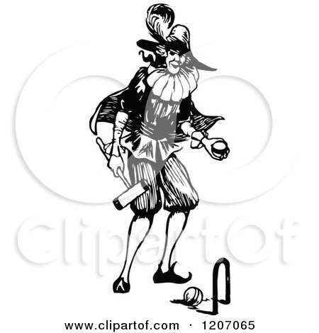 Clipart of a Vintage Black and White Croquet Player - Royalty Free Vector Illustration by Prawny Vintage