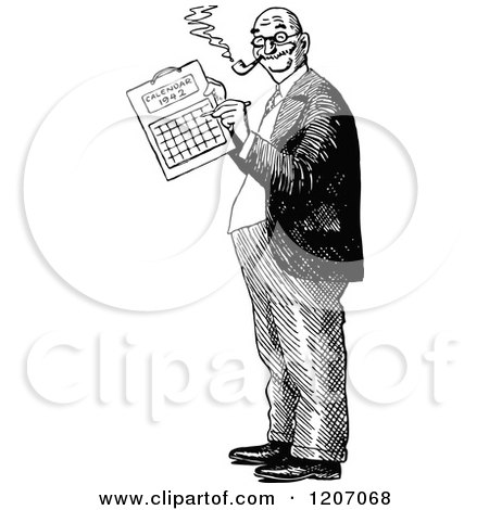 Clipart of a Vintage Black and White Man Marking a Calendar - Royalty Free Vector Illustration by Prawny Vintage