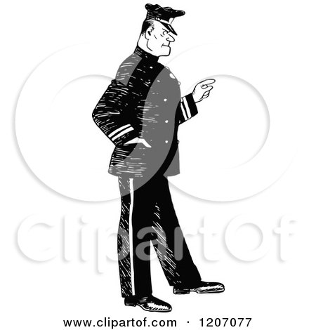 Clipart of a Vintage Black and White Police Man Pointing - Royalty Free Vector Illustration by Prawny Vintage
