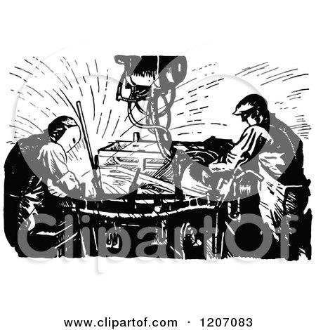 Clipart of a Vintage Black and White Welding Machine and Workers ...