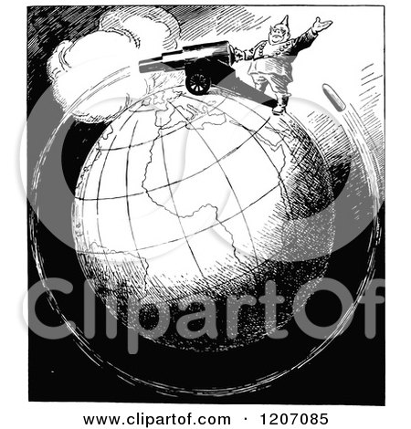 Clipart of a Vintage Black and White World War Cannon Going Around the Globe - Royalty Free Vector Illustration by Prawny Vintage