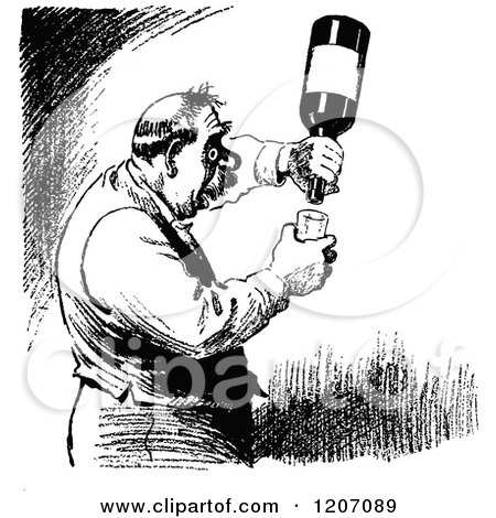 Clipart of a Vintage Black and White Man Trying to Get a Drop out of a Wine Bottle - Royalty Free Vector Illustration by Prawny Vintage