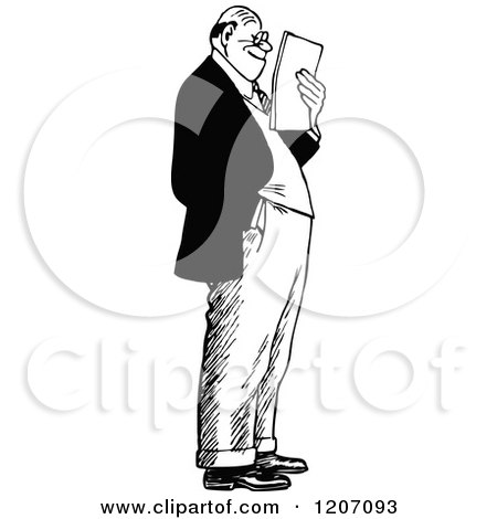 Clipart of a Vintage Black and White Man Standing and Reading Notes - Royalty Free Vector Illustration by Prawny Vintage
