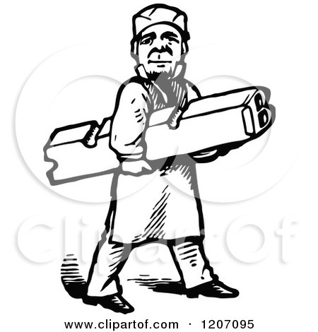 Clipart of a Vintage Black and White Printer Worker Carrying a Letter B - Royalty Free Vector Illustration by Prawny Vintage