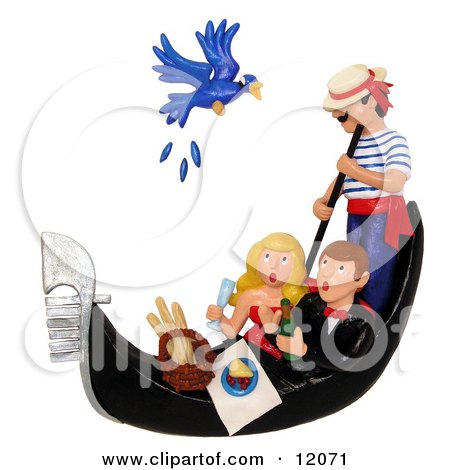Clay Sculpture Clipart Couple Hitting A Bird With A Wine Cork While On A Gondola Ride - Royalty Free 3d Illustration  by Amy Vangsgard