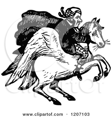 Clipart of a Vintage Black and White Man Riding a Winged Horse - Royalty Free Vector Illustration by Prawny Vintage