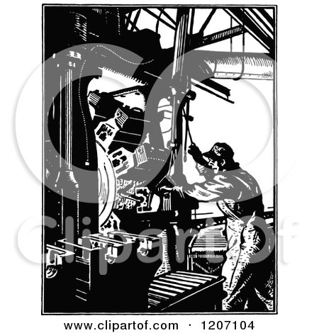Clipart of a Vintage Black and White Man Operating a Rotary Milling Machine - Royalty Free Vector Illustration by Prawny Vintage