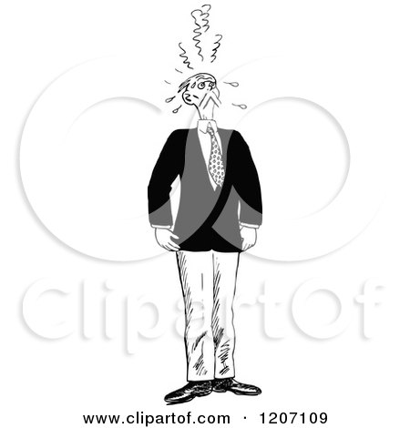 Clipart of a Vintage Black and White Stressed Man - Royalty Free Vector Illustration by Prawny Vintage