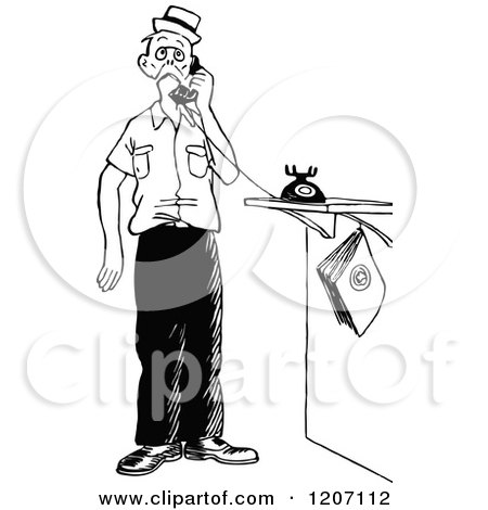 Clipart of a Vintage Black and White Man on a Telephone - Royalty Free Vector Illustration by Prawny Vintage