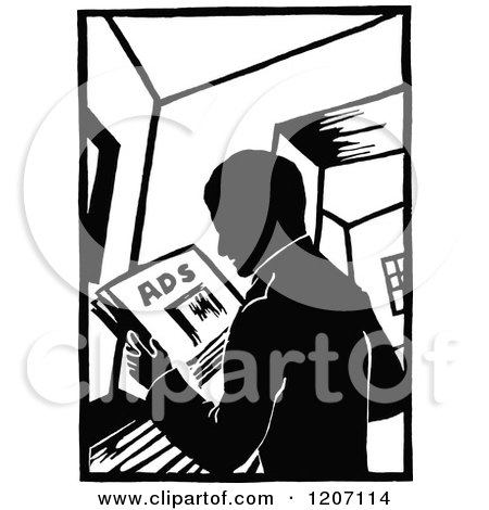 Clipart of a Vintage Black and White Man Reading Ads - Royalty Free Vector Illustration by Prawny Vintage