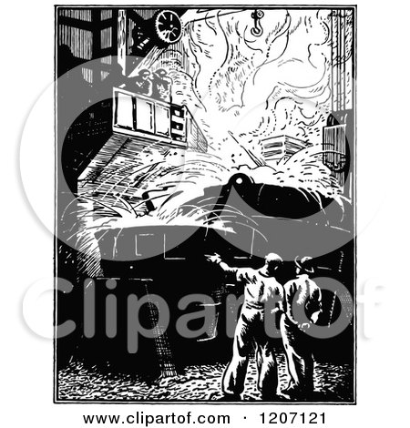 Clipart of Vintage Black and White Men Watching Metal Flowing - Royalty Free Vector Illustration by Prawny Vintage