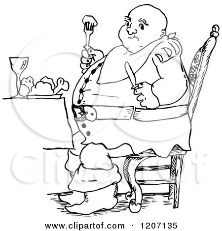 Clipart of a Vintage Black and White Fat Man Eating - Royalty Free Vector Illustration by Prawny Vintage