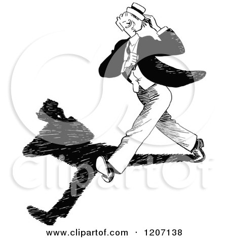Clipart of a Vintage Black and White Man Walking Fast with a Shadow - Royalty Free Vector Illustration by Prawny Vintage