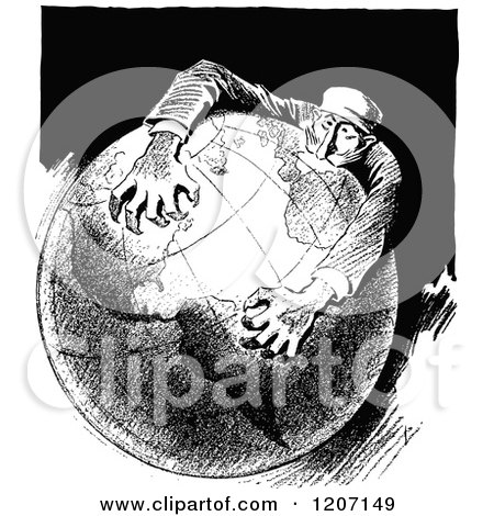 Clipart of a Vintage Black and White Man Clinging onto Earth - Royalty Free Vector Illustration by Prawny Vintage