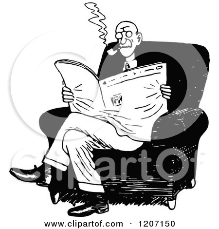 Clipart of a Vintage Black and White Man Smoking and Reading the News - Royalty Free Vector Illustration by Prawny Vintage