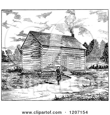 Clipart of a Vintage Black and White Man at a Log Cabin - Royalty Free Vector Illustration by Prawny Vintage