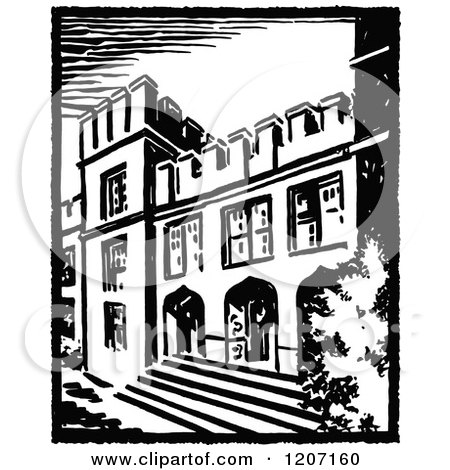 Clipart of a Vintage Black and White Architectural Scene - Royalty Free Vector Illustration by Prawny Vintage