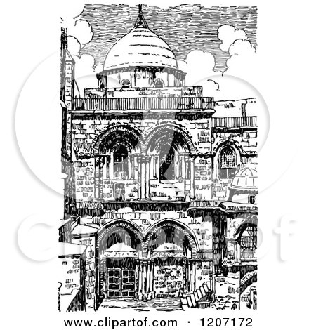 Clipart of a Vintage Black and White Church of the Holy Sepulchre in Jerusalem - Royalty Free Vector Illustration by Prawny Vintage