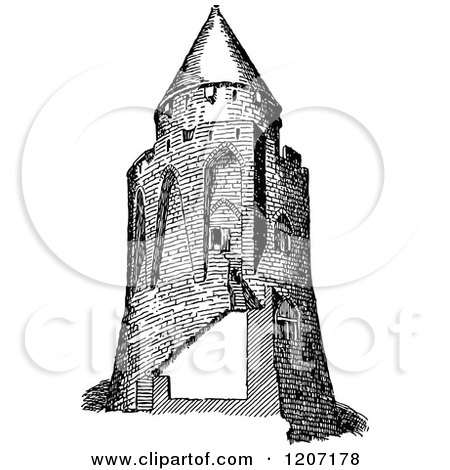 Clipart of a Vintage Black and White Donjon Keep Tower - Royalty Free Vector Illustration by Prawny Vintage