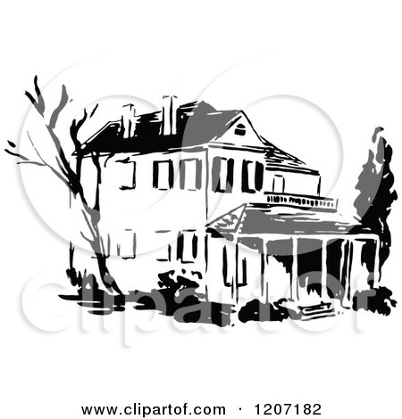 Clipart of a Vintage Black and White Two Story House - Royalty Free Vector Illustration by Prawny Vintage