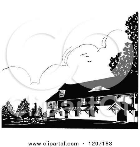 Clipart of a Vintage Black and White Farm House - Royalty Free Vector Illustration by Prawny Vintage