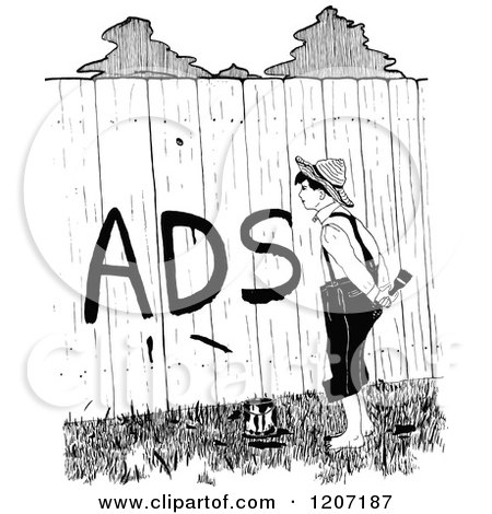 Clipart of a Vintage Black and White Boy Painting Ads on a Fence - Royalty Free Vector Illustration by Prawny Vintage
