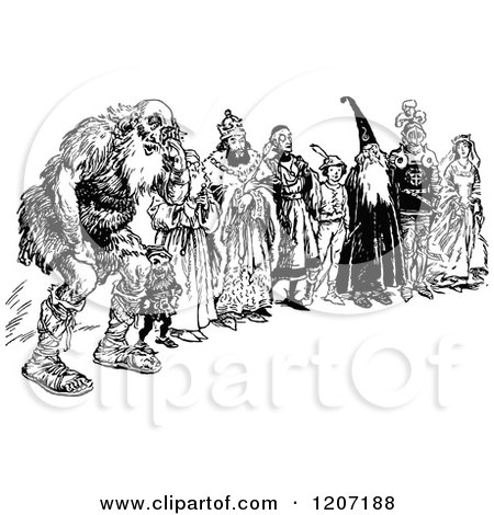 Clipart of a Vintage Black and White Group of Fantasy Characters - Royalty Free Vector Illustration by Prawny Vintage