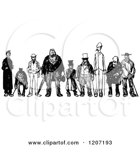 Clipart of a Vintage Black and White Group of Men - Royalty Free Vector Illustration by Prawny Vintage