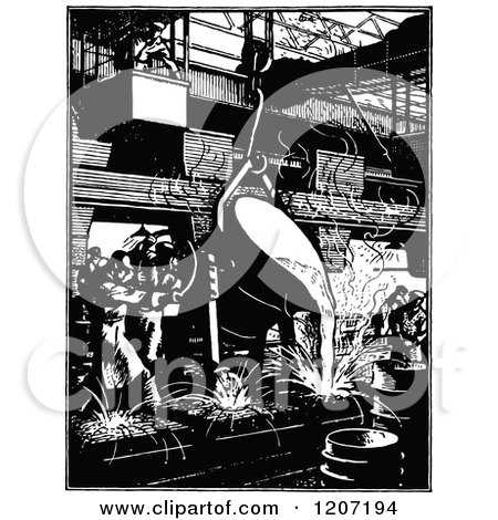 Clipart of Vintage Black and White Workers Pouring Metal into Molds - Royalty Free Vector Illustration by Prawny Vintage